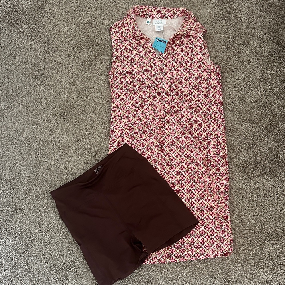 Sigrid Olsen Red and Gold Geometric Golf Dress and Shorts